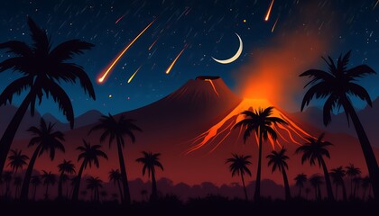 Fototapeta premium Volcano erupting with lava flow under a starry night sky with meteors and a crescent moon