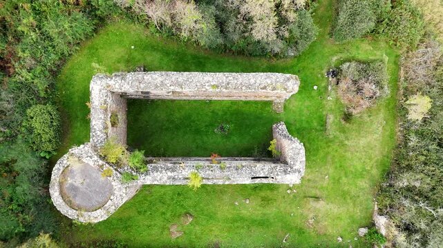 Cinematic 4K Drone Aerial View of Rait Castle Ruins, Historic Hall House in Nairn, Scottish Highlands