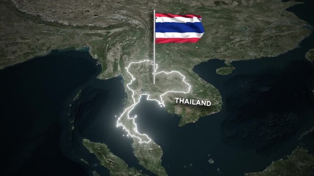 Thailand Glowing Border Map Animation with 3D Waving of Thailand National Flag on World Map