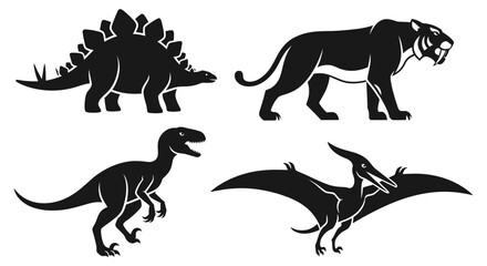 Prehistoric Animal Silhouettes Set: Dinosaurs and Extinct Creatures Vector Collection