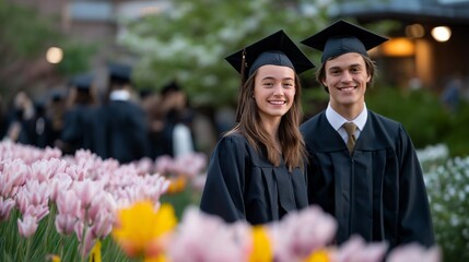 Spring graduation season concept with early graduates celebrating outdoors in caps and gowns with spring flowers, perfect for April academic milestone, spring graduation, educational achievement,