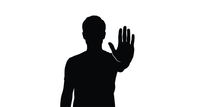 A person making a stop hand gesture against a white background silhouette