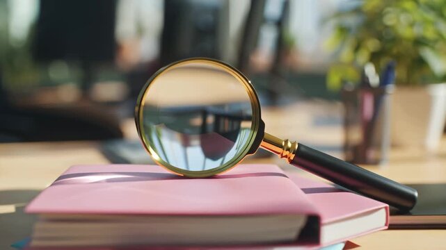 magnifying glass, folders on a table in an empty office

