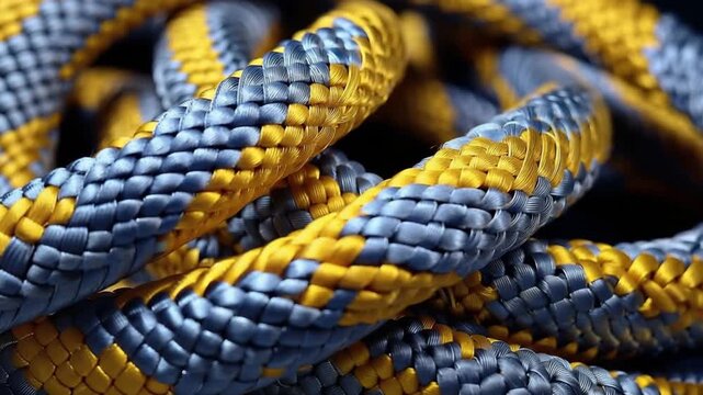 View the intricate weave of braided ropes colored in blue and yellow. The camera captures the details, highlighting the patterns and textures throughout daylight.