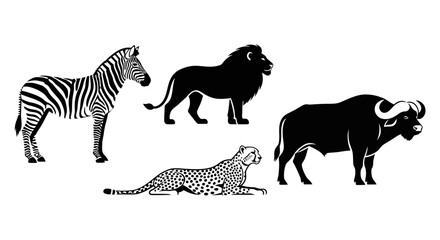 Obraz premium African Safari Animals Vector Silhouettes: Zebra, Lion, Cheetah, Buffalo