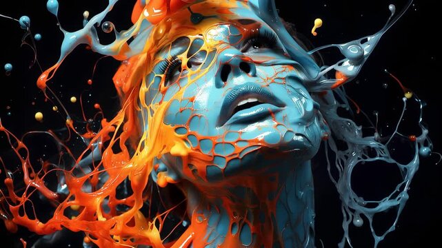 Colors mix and swirl around a human face during an art event. The brightness contrasts against dark surroundings and creates lively patterns that draw attention.
