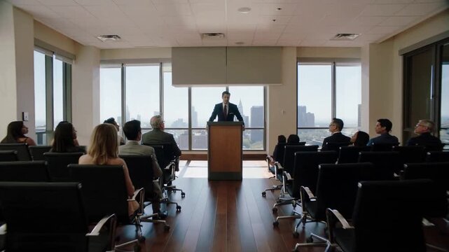 Confident politician delivering speech from wooden podium in modern office. Public speaker addressing diverse audience in conference room with city skyline view. Moving down camera shot.
