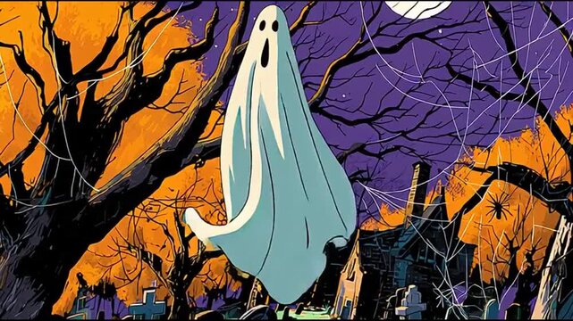 A ghostly figure haunts a dark forest under a full moon, surrounded by eerie trees, viewed from a distance