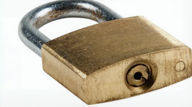 Closeup of a closed brass padlock, clean composition ample negative space