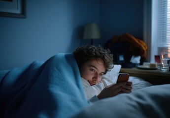 Obraz premium Teen boy glancing at phone in dim bedroom during night time