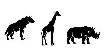 Fototapeta premium African Wildlife Silhouettes: Hyena, Giraffe, and Rhinoceros Icons