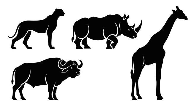 African Wildlife Silhouettes Collection: Lion, Rhino, Buffalo, Giraffe