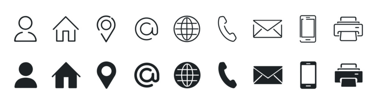 Contact communication icon set, phone email location website home user globe printer symbols, outline and solid interface elements vector collection on transparent background