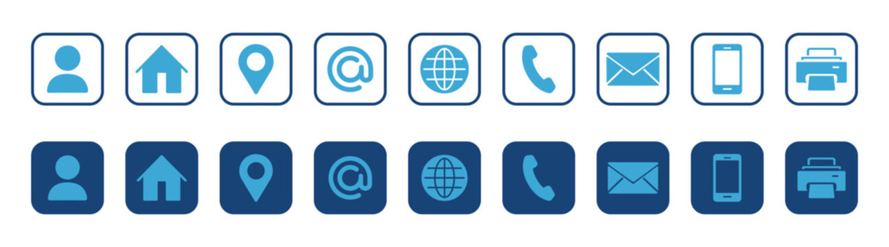 Contact communication icon set, phone email location website home user globe symbols, flat interface buttons vector collection on transparent background
