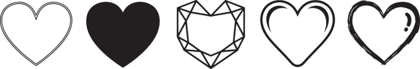 Set of five love hearts thin line art minimalist design vector illustration scalable graphic