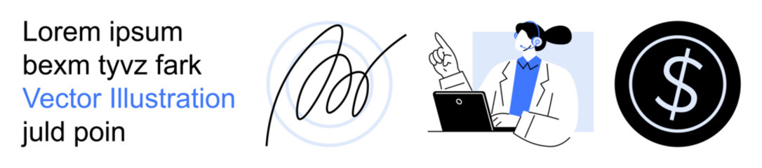 Business communication, digital signing, customer service, online transactions, financial management, technology. Illustrated pen signature, person with headset dollar sign. Business communication