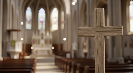 Fototapeta premium Easter sunday celebration in church with cross and pews