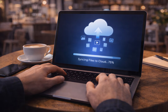 Laptop syncing files to cloud storage in cafe