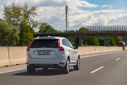 Maribor, Slovenia - May 24, 2025: A picture of a white Volvo XC 60 D5 AWD.