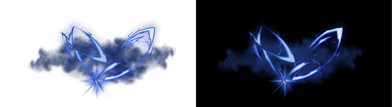 A PNG image of&nbsp;Dynamic blue lightning strike effect featuring intense energy discharge and swirling dark smoke clouds on transparent background