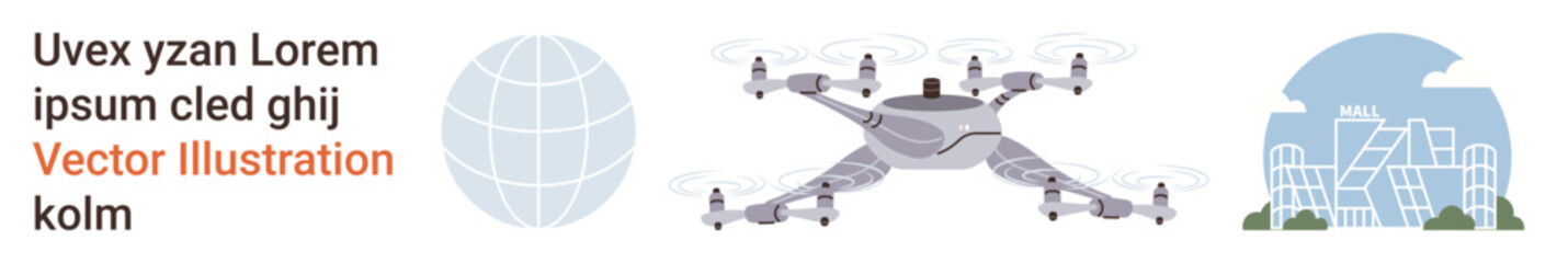 Obraz premium Transportation solutions, urban development, delivery services, technology trends, aerial imaging, logistics innovation. quadcopter and globe with city skyline. Transportation solutions and urban