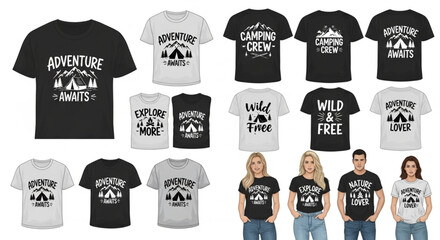 Collection of T-shirts with camping and adventure themes. © Heni