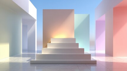 Obraz premium White podium background, minimal geometric shapes, soft lighting, pastel colors, high key, 3d render, copy space 