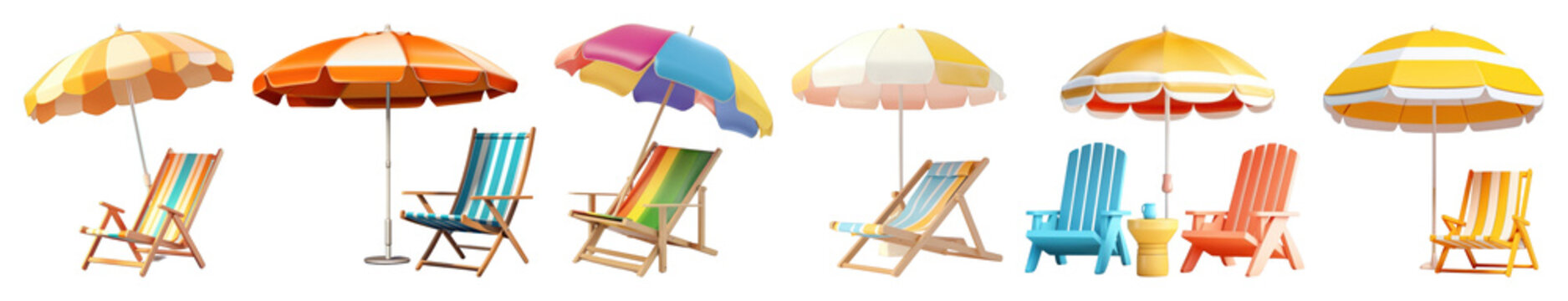 PNG Colorful beach chairs umbrellas relaxation, transparent background
