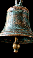 Fototapeta premium Antique bronze church bell with verdigris patina and engraved cross—solemn resonance of Orthodox Easter proclamation and sacred tradition