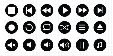 Music Icons, Volume Button, Play buttons, Music Player, Spotify, Play Pause Control, Song Glass, Audio Control © Shohag