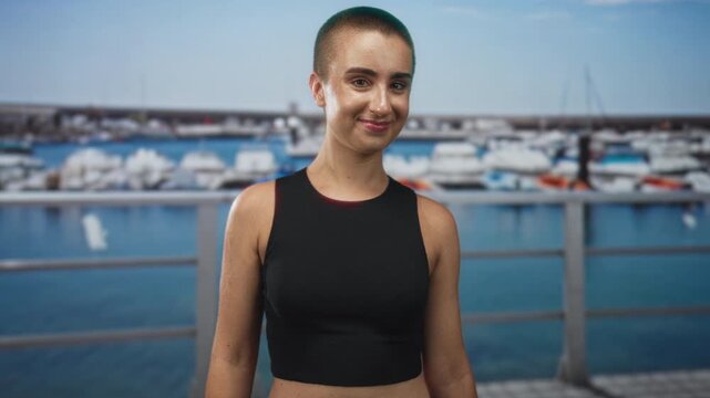 Woman shows midriff and points index finger on a marina pier while smiling in a black crop top; playful confidence.