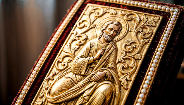Gilded icon of Christ Pantocrator in ornate pearl-embellished oklad&mdash;solemn sacred reverence for Orthodox Easter and divine authority