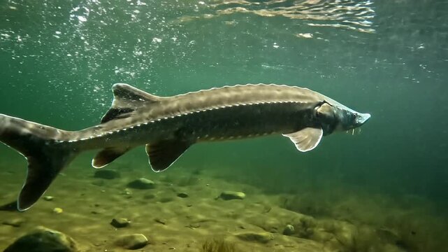 Sturgeon swimming underwater in clear river with rocky bottom
