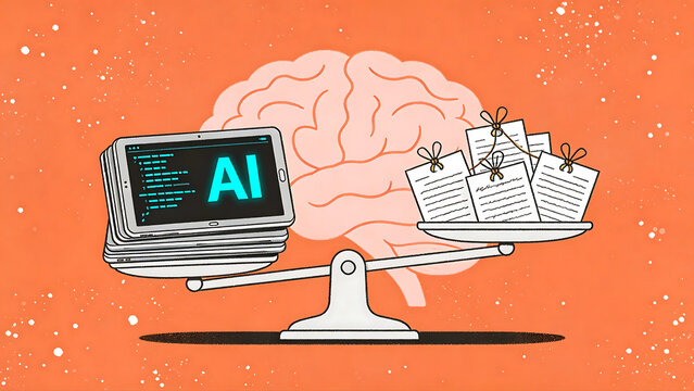 Artificial intelligence calculation outweighs traditional manual documentation workload on a balancing scale with a prominent human brain illustration in the background.