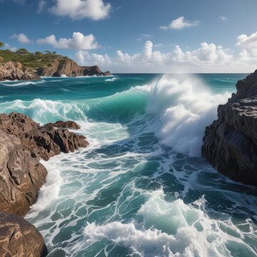 Powerful wave hits rocky shores of Shete Boka National Park, Curacao, Caribbean Sea ,  island,  wildlife,  shoreline