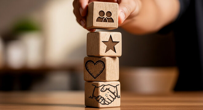 Person building wooden blocks with partnership handshake heart star and people icons on a desk
