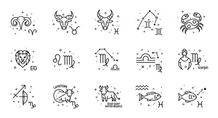 Collection of Zodiac Sign Icons Astrology Symbols Line Art. © Dani