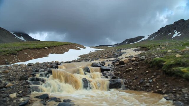 Rapid muddy meltwater rushing through rocky alpine valley with snow patches under dark storm clouds, dynamic spring runoff landscape for climate awareness, environment protection, travel, and adventur