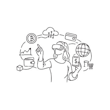 VR user interacting with crypto wallet and bank in digital world
