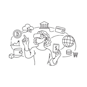 VR user interacting with crypto wallet and bank in digital world
