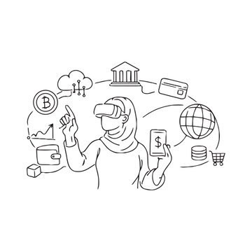 VR user with crypto wallet, bank and global shopping icons
