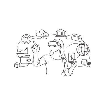 VR user with crypto wallet, bank and global shopping icons
