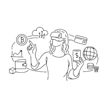 Woman in VR headset managing crypto and e-commerce transactions
