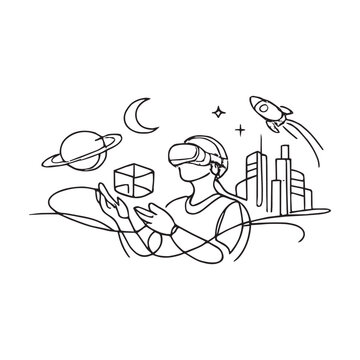 Astronaut in VR space with futuristic city and rocket launch
