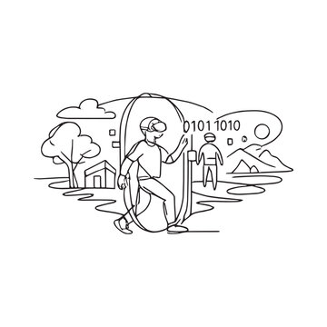 Person with VR headset in digital nature with binary code stream

