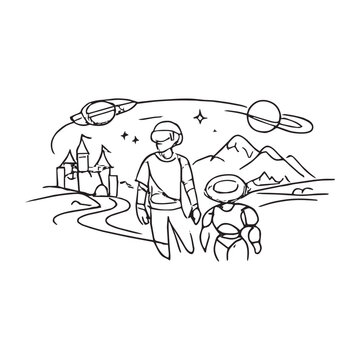 Family travel adventure with robot companion in nature landscape
