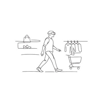 Man grocery shopping with cart in retail store
