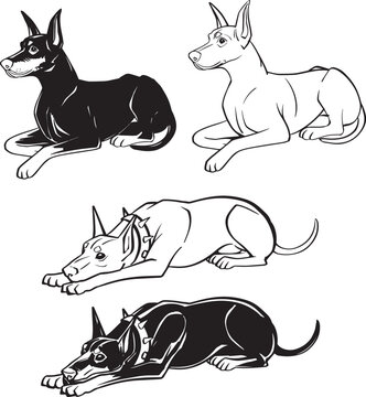 Set Doberman Dog Line Art sitting Silhouette Minimalist Outline Black Contour Illustration Pet Branding dangerous cute big dog lying Clipart simple drawing hand drawn ink style engraving stamp design