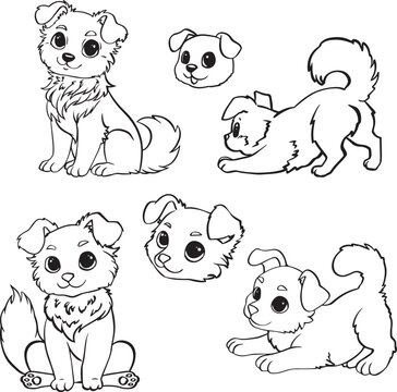 Set Minimalist Dog Line Art Clipart Cute Puppy Outline Illustration Pet Shop, Veterinary Clinic, Coloring Page Minimalist hand-drawn line art simple cartoon character mascot outline animal care doodle