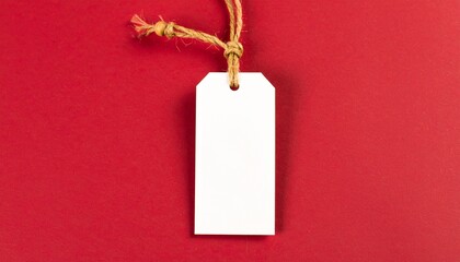 Blank White Tag with Twine on Red Background Representing Label Pricing Gift and Minimal Product Photography